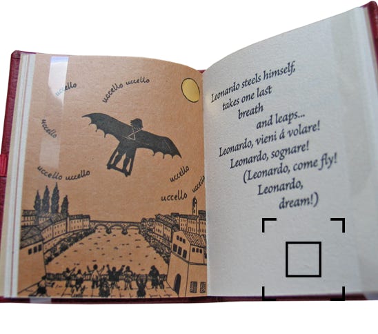 Leonardo dreams he is flying over the town.