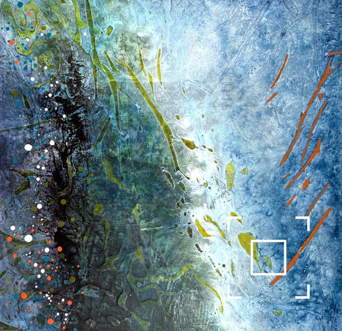 Acrylic painting blues, greens, orange highlights